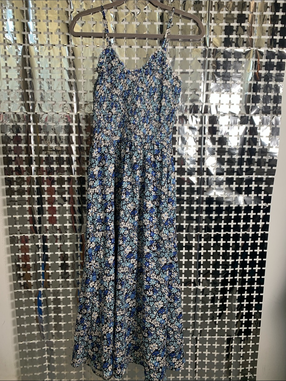 Kate Kasin Blue Floral Maxi Dress with Spaghetti Straps